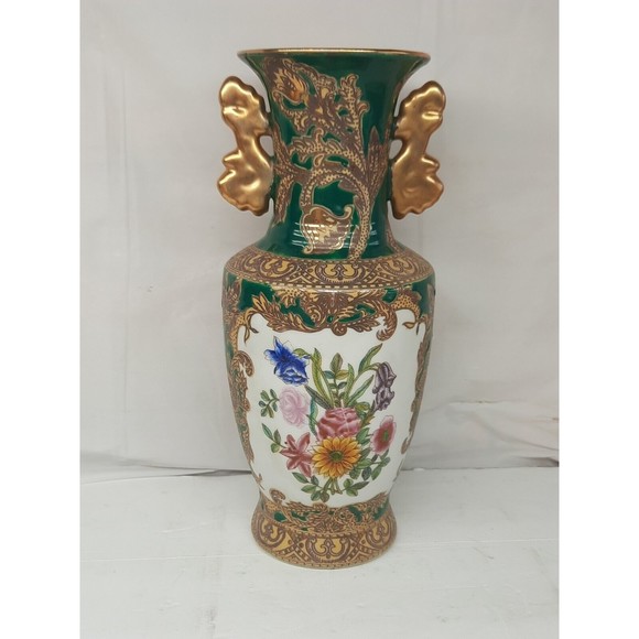 LARGE 10.5" Chinese Porcelain Vase with Gold Gilded Handles Hand Painted - Picture 2 of 10
